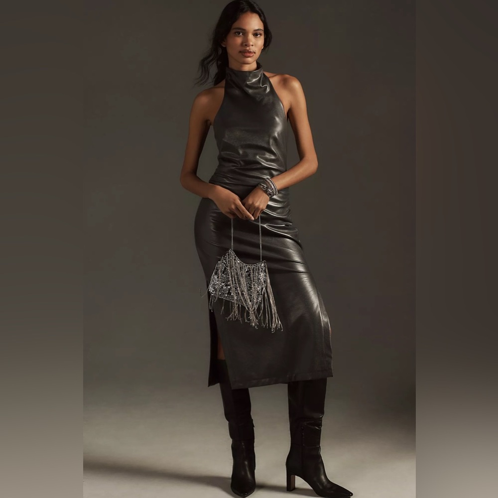 Maeve By Anthropologie Halter Slim Ruched Metallic Midi Dress